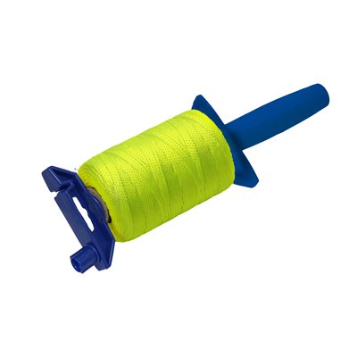 Neon yellow mason line reel 500 ft braided nylon #18 with thumb brake for fast and accurate layout work