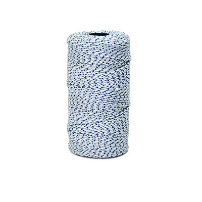 Blue and white mason line used for straight course alignment in brick and block installation
