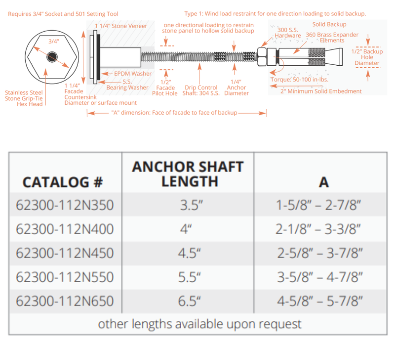PROSOCO Stone Grip-Tie 6000-1 Series for Solid Backup Walls – 25/Box