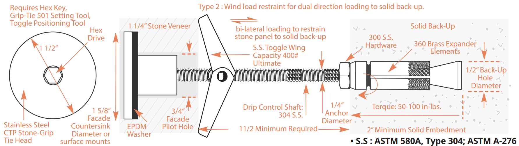 PROSOCO Stone Grip-Tie 6000-2LD Series for Solid Backup Walls – 25/Box