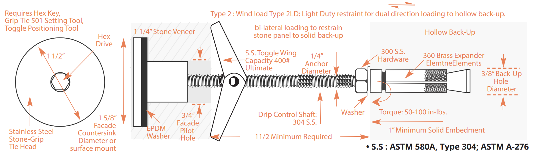 PROSOCO Stone Grip-Tie 6100-2LD Series for Hollow Backup Walls – 25/Box