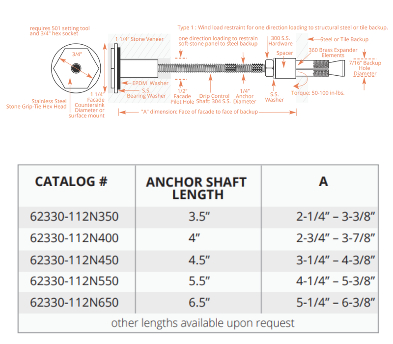 PROSOCO Stone Grip-Tie 6200-1 Series for Structural Steel Backup – 25/Box