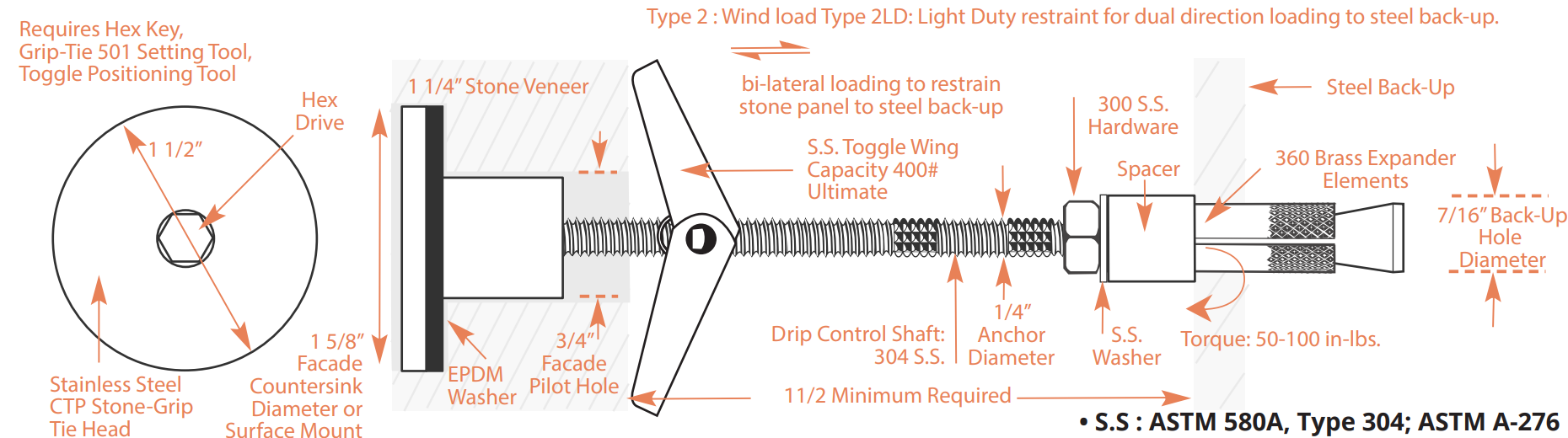 PROSOCO Stone Grip-Tie 6200-2LD Series for Structural Steel Backup – 25/Box