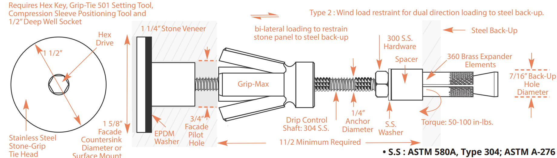 PROSOCO Stone Grip-Tie 6200-2 Series for Structural Steel Backup – 25/Box