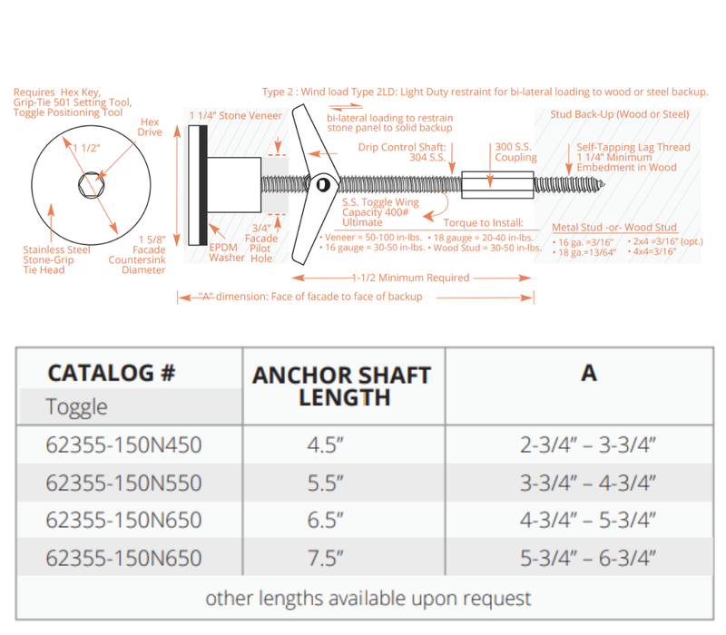 PROSOCO Stone Grip-Tie 6300-2LD Series for Metal or Wood Stud Backup Walls – 25/Box