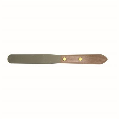 Caulking spatula with stainless steel blade and hardwood handle featuring rounded tip for smooth sealant application
