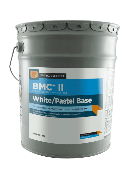 Gray paint bucket labeled 'BMC II' with Prosoco branding on a light blue background