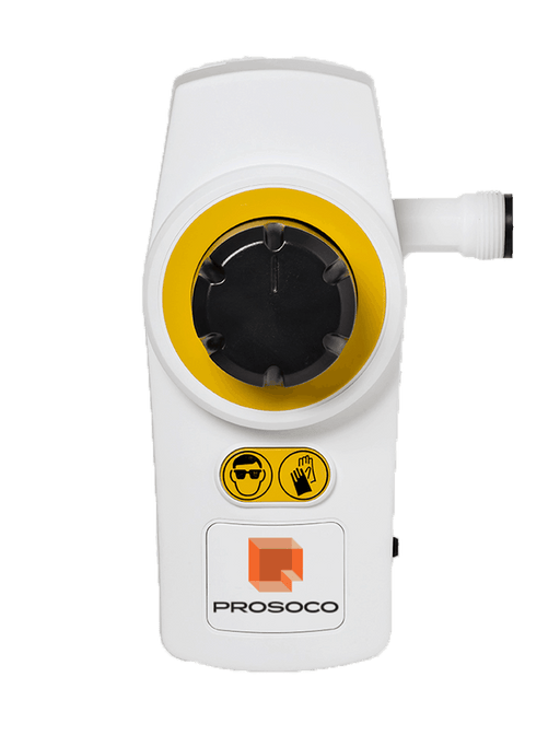 White and yellow device with a black circular component on a light gray background, featuring the Prosoco logo.