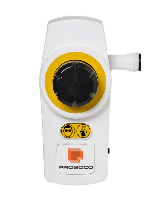 White and yellow device with a black circular component on a light gray background, featuring the Prosoco logo.