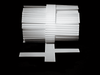 A white plastic Core Cavity Weep for CMU veneers, displayed on a dark background, with a cross-sectional view showing the drainage design.