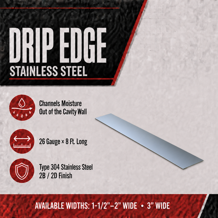 Stainless Steel Drip Edge – Type 304, Flat Edge, 8′ Lengths (200 LF/Box)