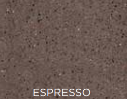 Espresso color swatch with the word 'Espresso' below it on a brown background