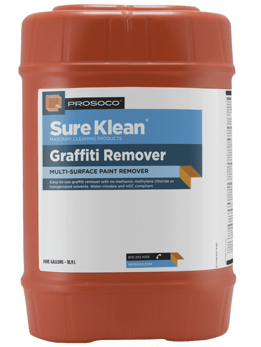 PROSOCO graffiti remover in 5 gallon container for removing spray paint and marker from concrete and masonry