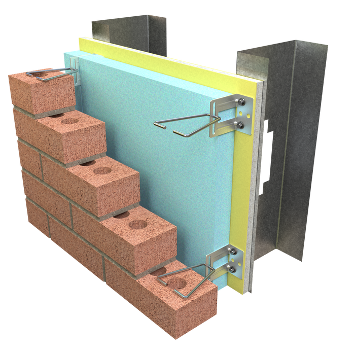 3D model of a brick wall with insulation and metal brackets on a transparent background