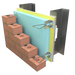 3D model of a brick wall with insulation and metal brackets on a transparent background