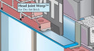 Illustration of a Head Joint Weep for dry set brick, showing the product located between the bricks with a red mortar bed on top.