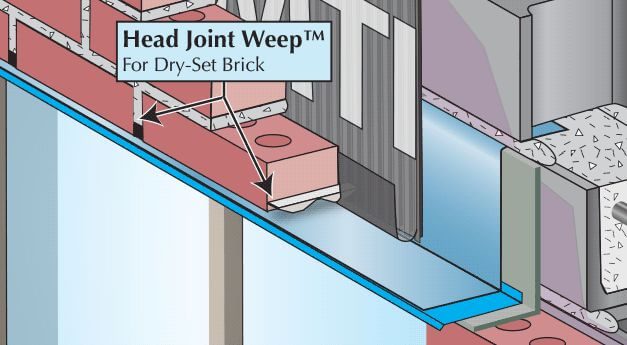Illustration of a Head Joint Weep for dry set brick, showing the product located between the bricks with a red mortar bed on top.