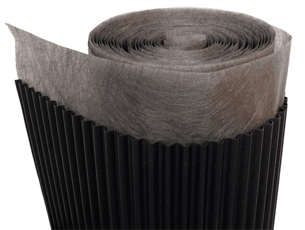 A roll of black 10mm Sure Cavity rainscreen drainage plane with corrugations and a partially unrolled edge.
