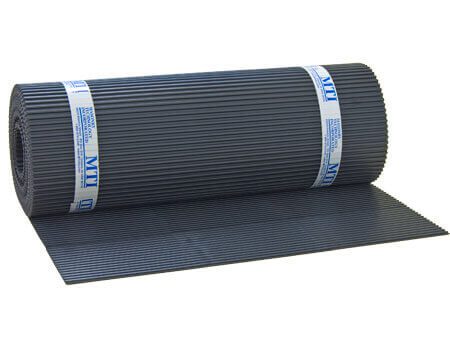 A roll of black Control Cavity basement drainage mat, with visible blue and white branding stripes, unrolled to reveal the channel pattern.