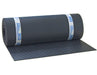 A roll of black Control Cavity basement drainage mat, with visible blue and white branding stripes, unrolled to reveal the channel pattern.