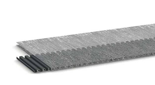 A roll of MTI Corrugated Lath Starter Strip, featuring a grey corrugated design with attached fabric for weather protection.