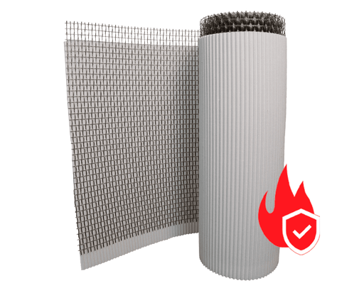 A roll of Sure Cavity Stucco Lath with a representation of fire resistance, indicated by a flame with a check mark.