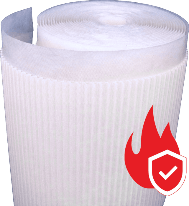 A roll of white fire-rated rainscreen drainage plane with a visible flame graphic indicating the fire-resistant property.