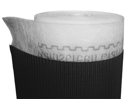 A roll of MTI Gravity Cavity drainage plane, which is a corrugated, high-impact polystyrene sheet with a spunbond polypropylene fabric for drainage and ventilation, partially unrolled to show the channel design.