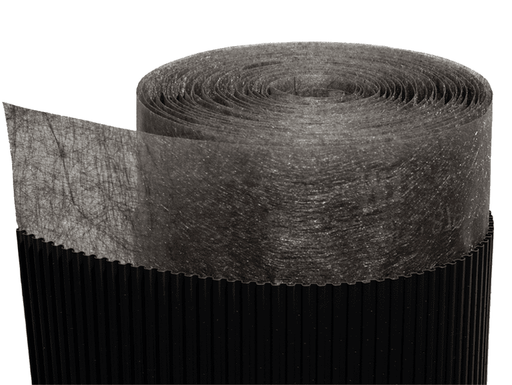 A roll of black Sure Cavity rainscreen drainage plane with corrugations, positioned against a white background.