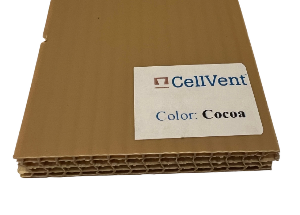 Brown cardboard sheet with CellVent label indicating color 'Cocoa' on a white background