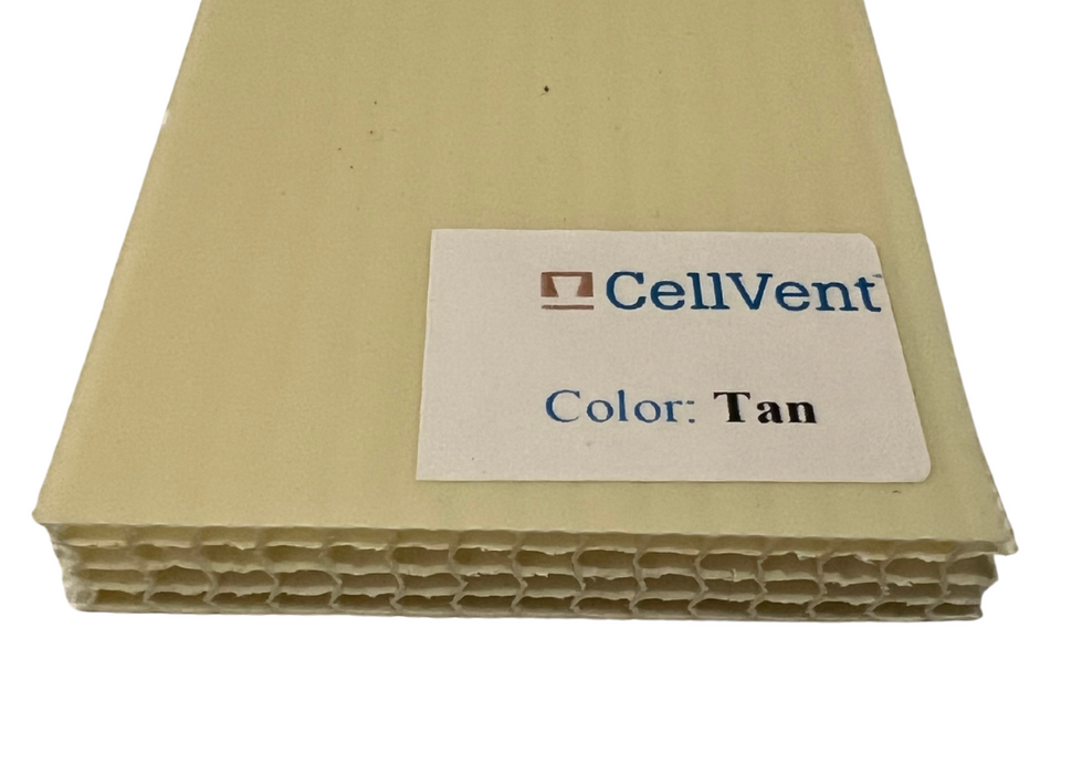 Stack of tan CellVent material with a label indicating color on a white background