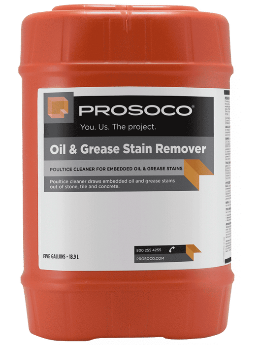 PROSOCO oil and grease stain remover poultice cleaner in 5 gallon container for removing deep concrete stains