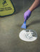 Person cleaning up a spill on a wet floor with a blue scoop tool, wearing purple gloves.