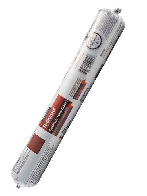 A roll of PROSOCO R-Guard FastFlash liquid flashing membrane in a white and red packaging.