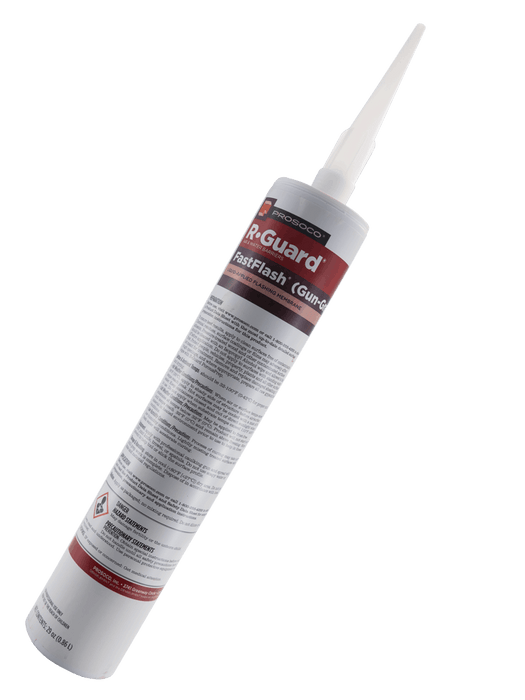 A roll of PROSOCO R-Guard FastFlash liquid flashing membrane in a white and red packaging.