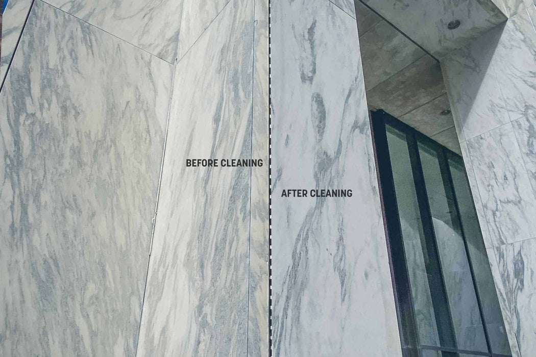 Marble surface with 'Before Cleaning' and 'After Cleaning' labels showing a comparison.