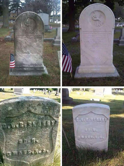 Collage of four gravestones in a cemetery with American flags.