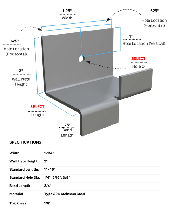 Split Tail Stone Anchor – 1-1/4" Wide, 1/8" Thick, Type 304 Stainless Steel