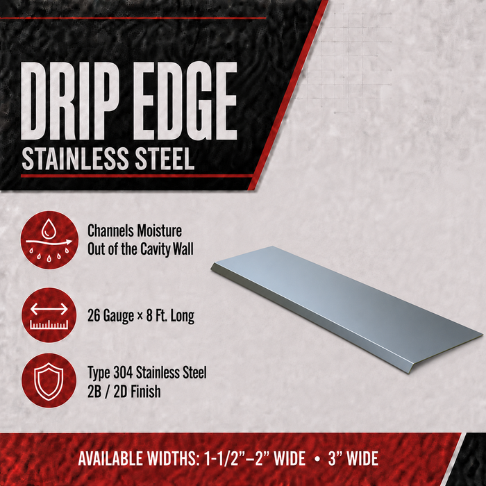 Stainless Steel Drip Edge – Type 304, Hemmed Edge, 8′ Lengths (200 LF/Box)
