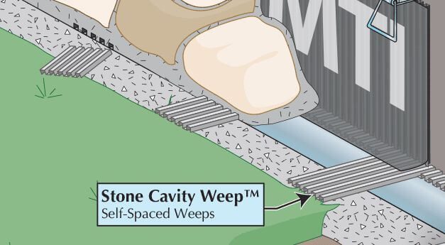 MTI Stone Cavity Weep designed for masonry and stone veneer walls to provide drainage and prevent moisture buildup in the cavity