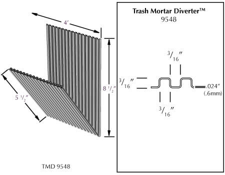 MTI Trash Mortar Diverter installed in masonry cavity walls to divert excess mortar and maintain proper drainage