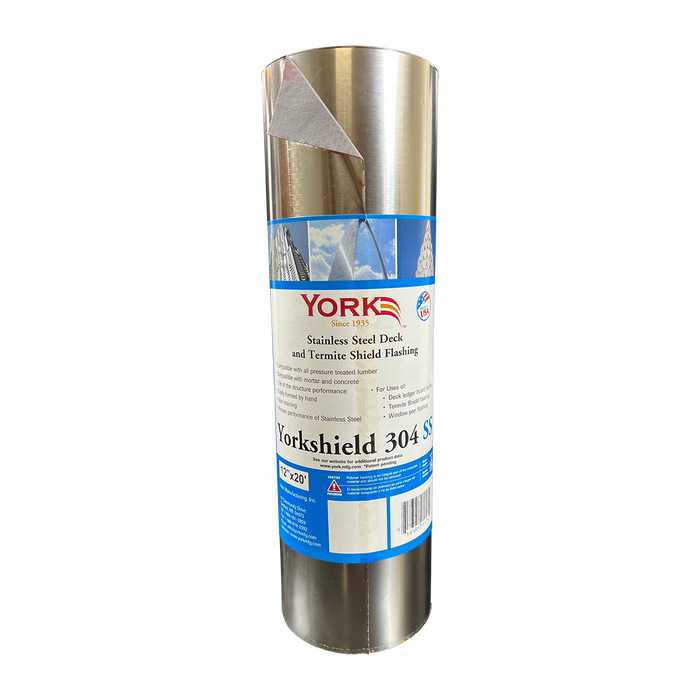 A roll of YorkShield 304 SS stainless steel flashing with product details and branding on the label.