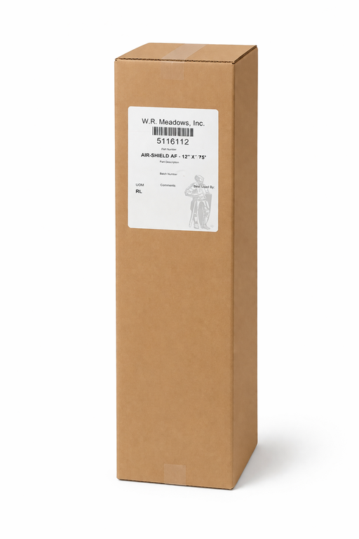 AIR-SHIELD AF cardboard shipping box, 10 x 10 x 40 inches, with W.R. Meadows product label on white background.