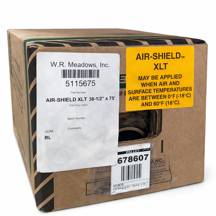 AIR-SHIELD XLT self-adhered air and vapor barrier membrane by W.R. Meadows in box packaging for masonry and building envelope applications