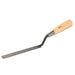 A carbon steel caulking trowel with a wooden handle and a flexible blade.