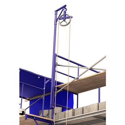 Construction gin wheel pulley used by masons to lift mortar, bricks, and tools to elevated work areas