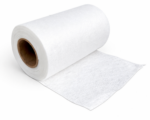 W.R. Meadows DETAIL FABRIC nonwoven geotextile fabric 12 inch by 120 foot roll partially unrolled on white background