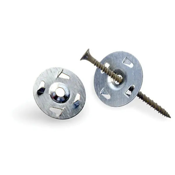 A dp500 1-1/4 inch metal washer with fingers, made of chromium-plated steel, designed for securing metal lath and stucco wire.