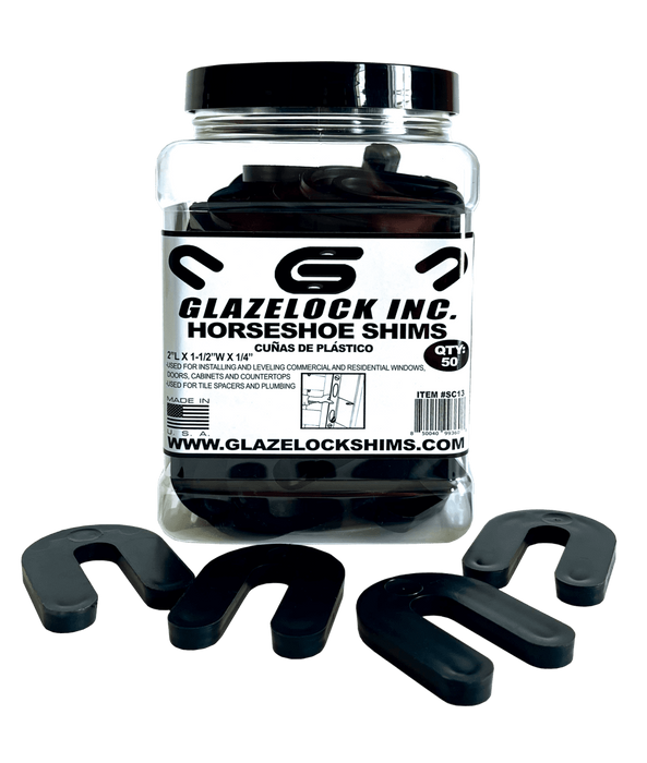 Glazelock horseshoe shims container for window glazing and masonry installation
