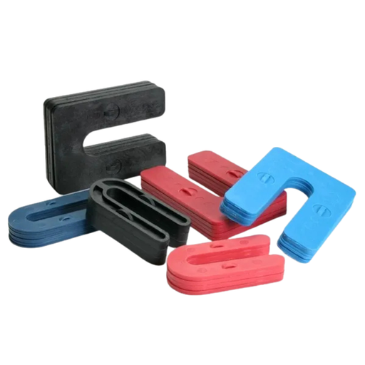 Glazelock interlocking plastic shims used for precise leveling and spacing during window and door installation